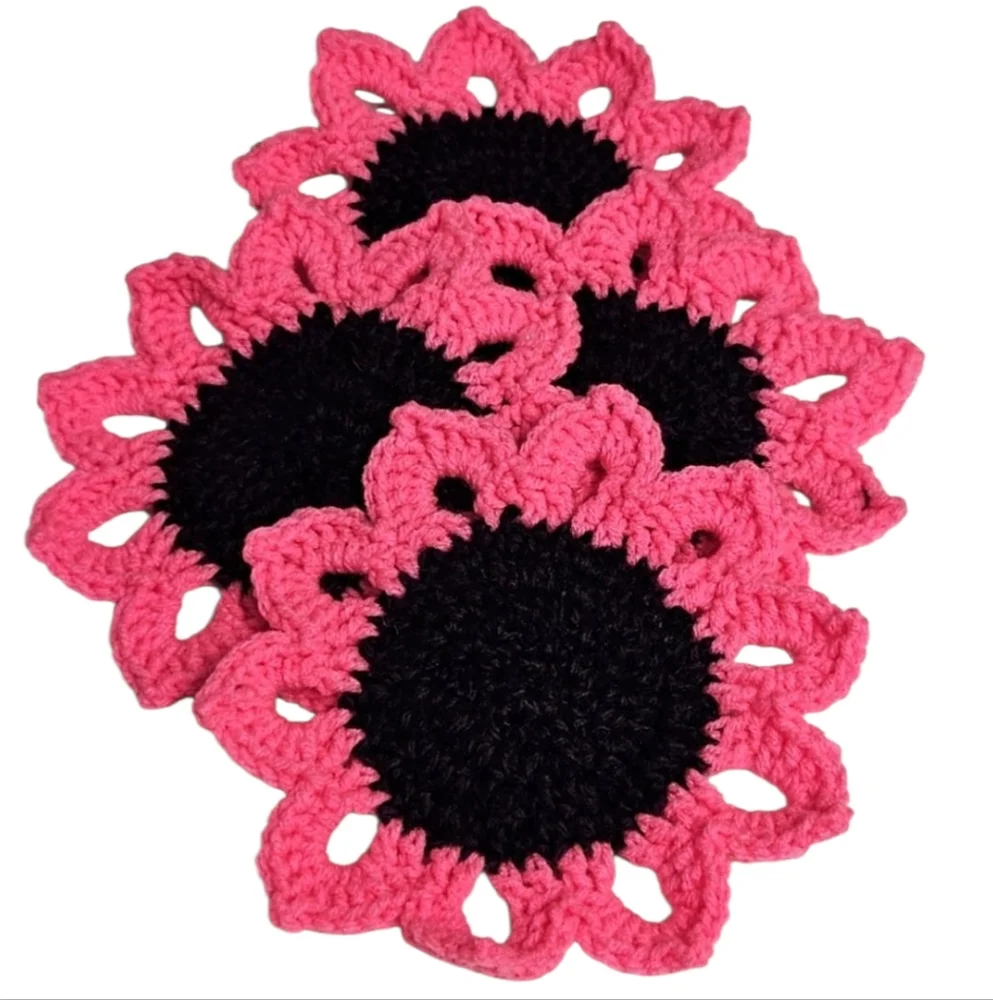 Pink and Purple Crochet Coneflower Coasters -SET OF 4-
